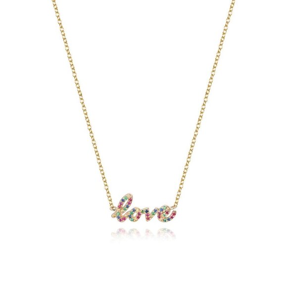 AdornA Jewelry - Love Script Pave Multicolor Sapphire 14K Yellow Gold Necklace